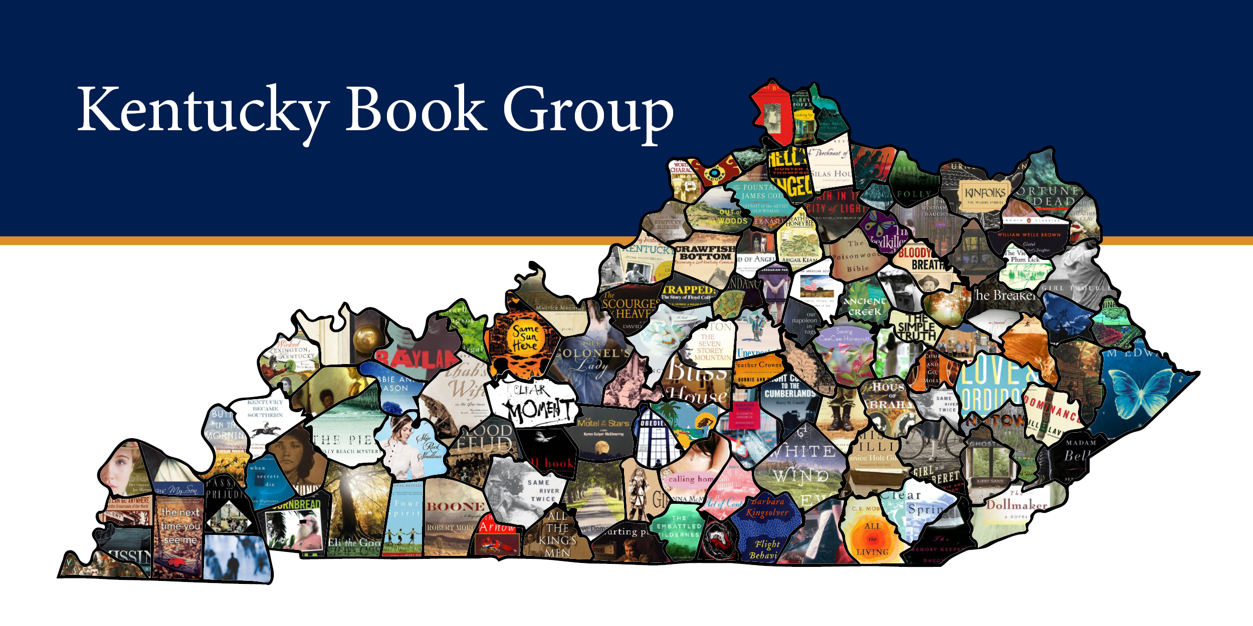 Map showing parts of book covers superimposed over map of Kentucky counties reading "Kentucky Book Group"