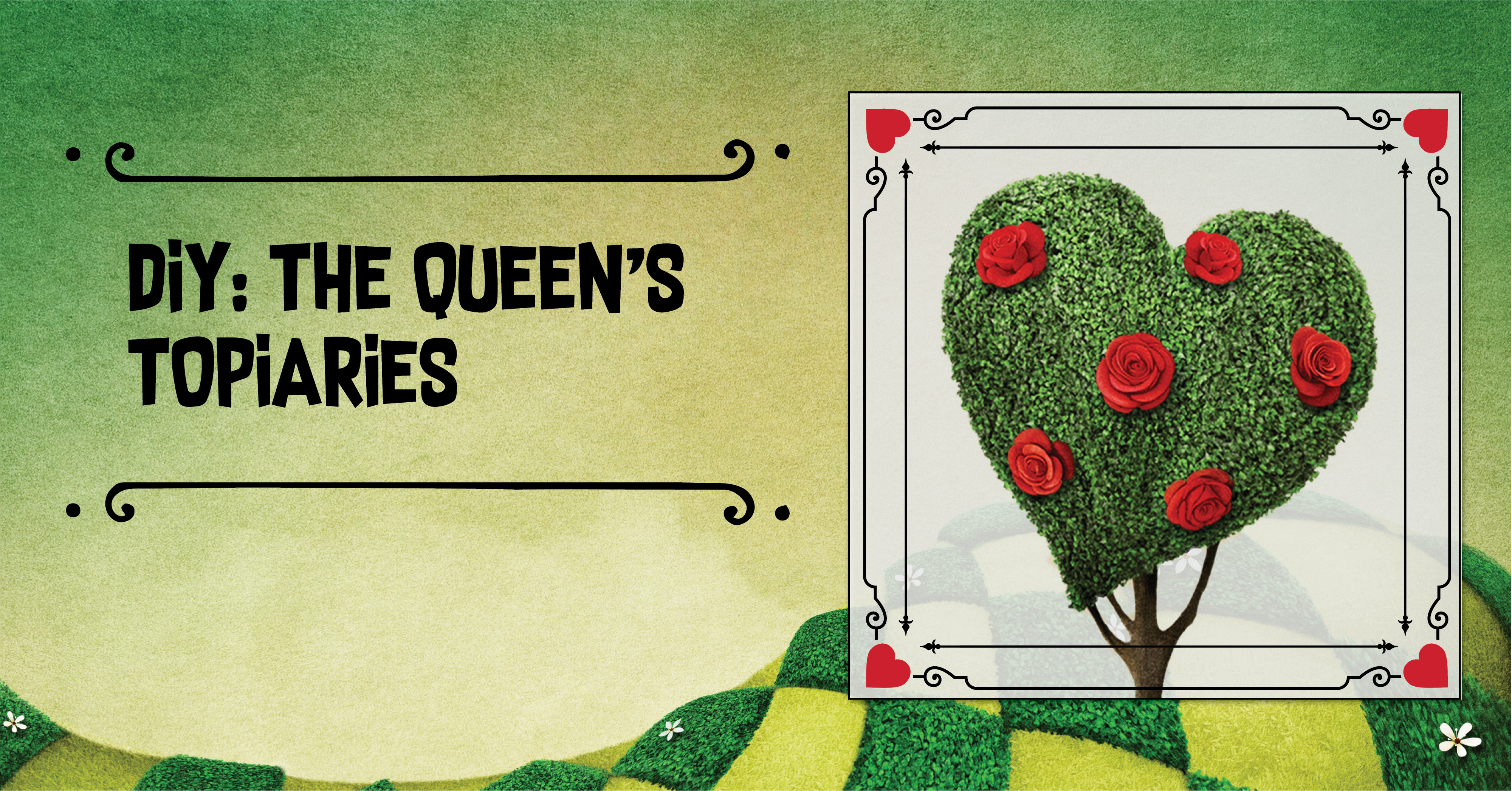 A bush in the shape of a heart with text DIY The Queen's Topiary
