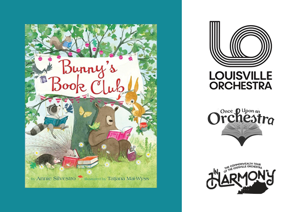 Book Cover of Bunny's Book Club and Louisville Orchestra Logos