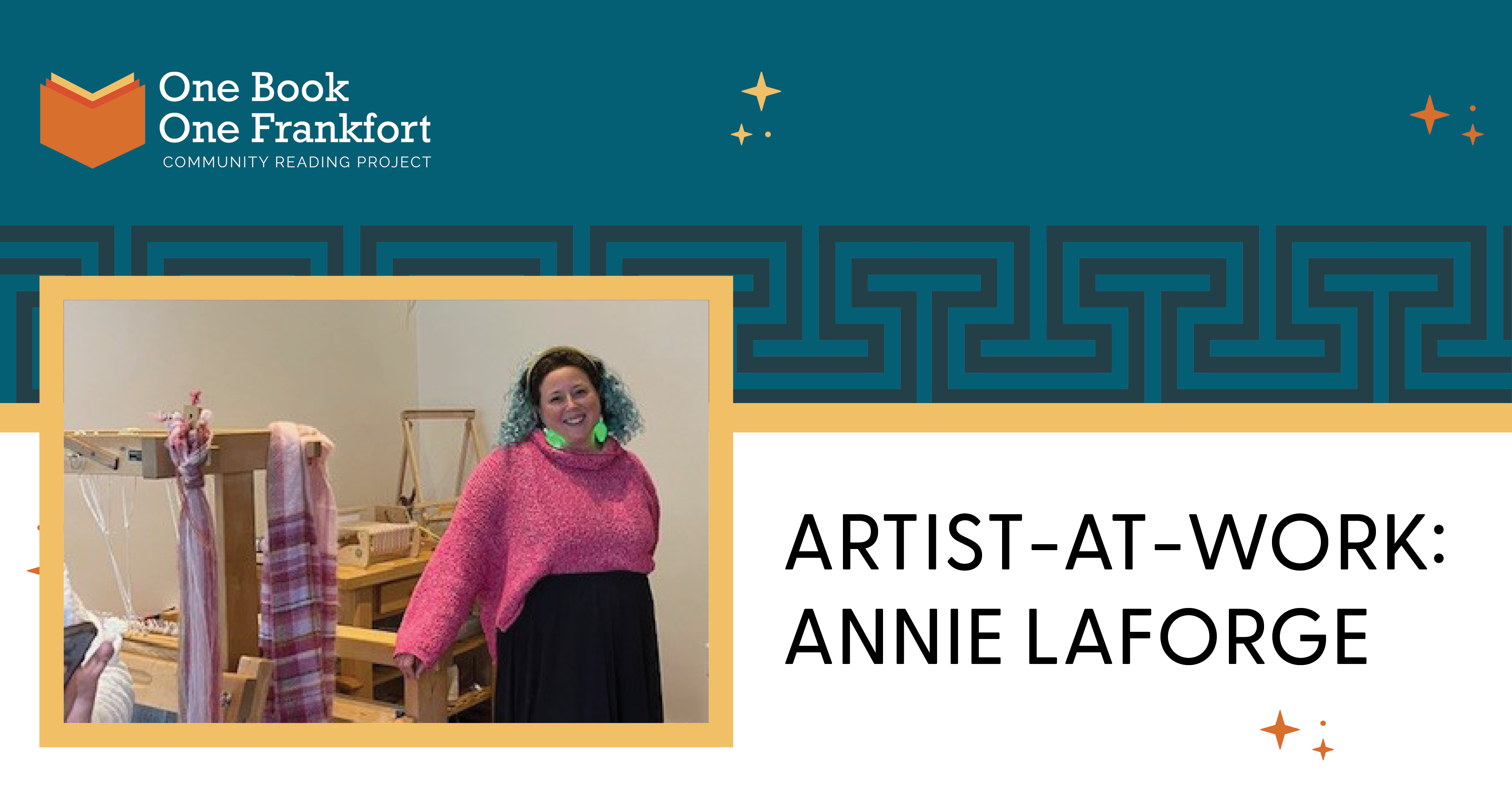 Photo of fiber artist Annie LaForge standing beside a loom