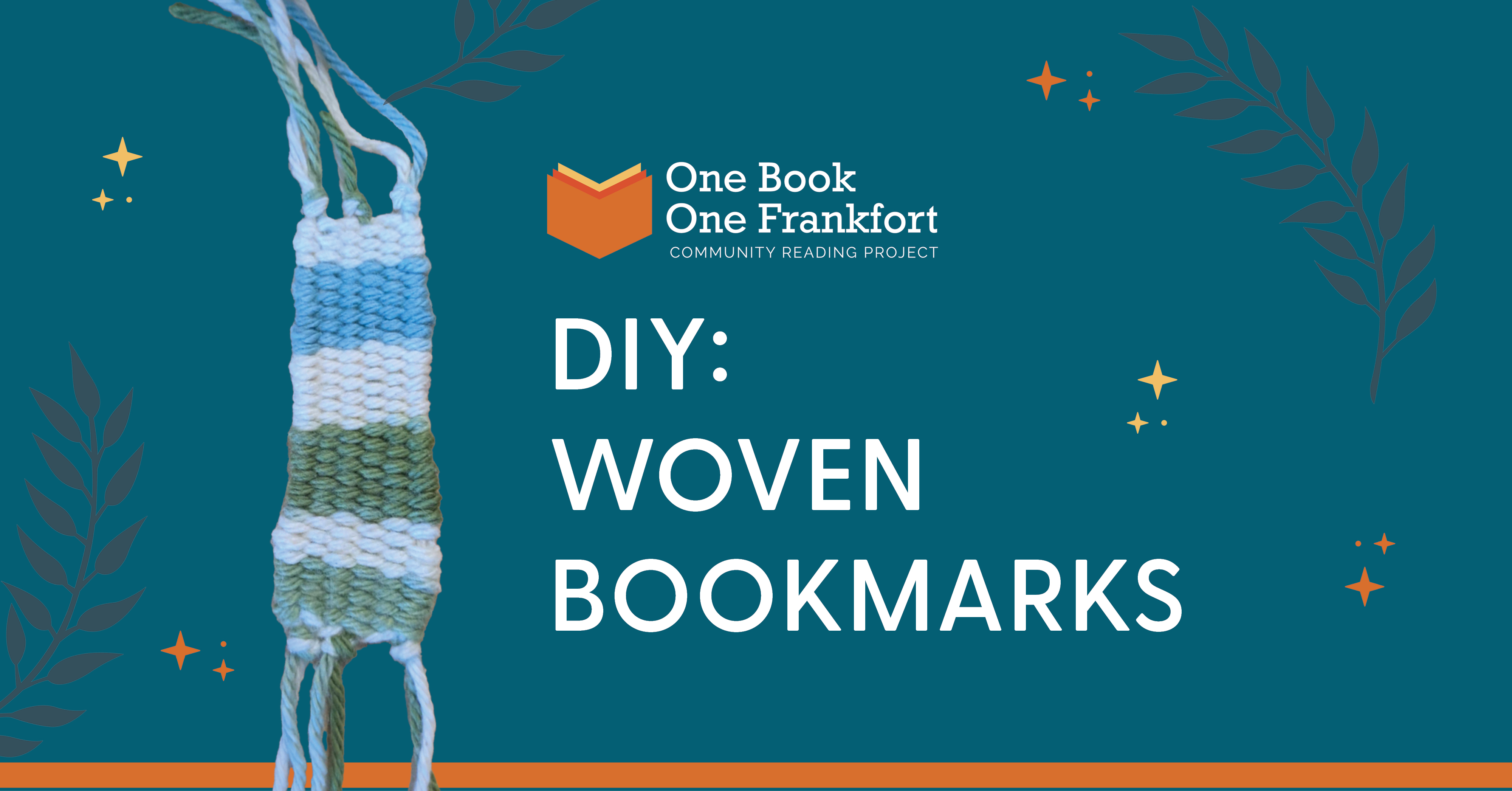Photo of a blue, white, and green woven bookmark with tassel ends