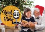 Read Me a Story Logo with a grandfather wearing a santa hat and reading a book to a young girl