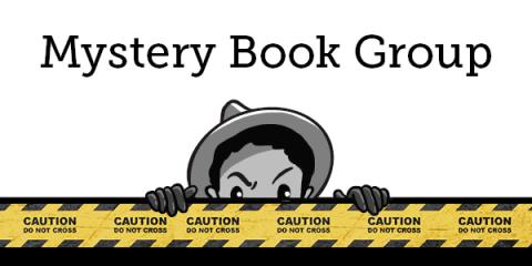 Graphic showing person peeking above caution tape line reading "Mystery Book Group"