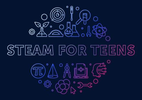 pink and blue steam icons in circle with the words steam for teens