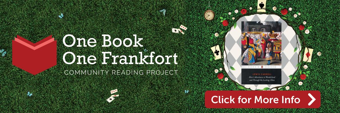 One Book One Frankfort Logo on green grass background with Alice Book cover